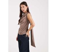 ASOS DESIGN - Top in raso color moka drappeggiato con scollo stile sciarpa-Neutro 40