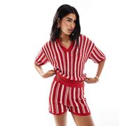 ASOS DESIGN - Top stile polo all'uncinetto a righe rosa in coordinato-Multicolore S