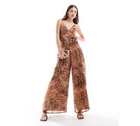 ASOS DESIGN - Tuta jumpsuit con stampa leopardata, scollo a V e pannello trasparente in chiffon-Multicolore 46