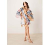 ASOS DESIGN - Vestito corto a maniche lunghe stile grembiule con stampa a fiori mista combinata e volant-Multicolore 40