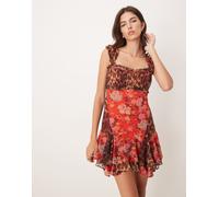 ASOS DESIGN - Vestito corto con stampa animalier e a fiori, con maniche ad aletta e nastro a contrasto sui bordi-Multicolore 50
