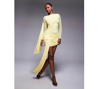 ASOS DESIGN - Vestito corto in tessuto a rete color giallo pastello con allacciatura sulla spalla e dettaglio annodato drappeggiato 44