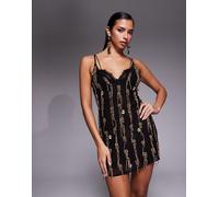 ASOS DESIGN - Vestito corto nero decorato con spille e fodera in pizzo trasparente 40