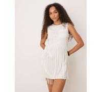ASOS DESIGN - Vestito corto senza maniche bianco con frange e tasca 46