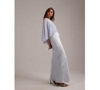 ASOS DESIGN - Vestito da cerimonia in raso blu con mantella in chiffon trasparente con taglio sbieco 46