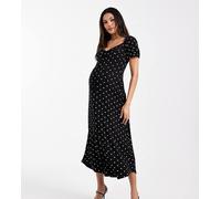 ASOS DESIGN - Vestito da giorno midi a pois monocromatico con maniche a sbuffo, cuciture a vista e colletto smerlato-Nero 36