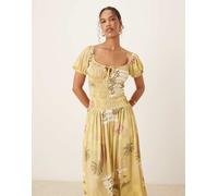 ASOS DESIGN - Vestito da giorno milkmaid midi raccolto in vita con maniche a sbuffo in tessuto stropicciato con stampa di cartoline color pastello-Multicolore 48