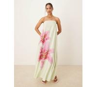 ASOS DESIGN - Vestito lungo a fascia in cupro verde con stampa di fiori tropicali rosa-Multicolore 42