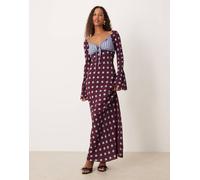 ASOS DESIGN - Vestito lungo a maniche lunghe color bordeaux a pois con volant-Multicolore 44
