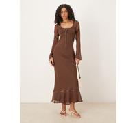 ASOS DESIGN - Vestito lungo a maniche lunghe color cioccolato con bustino arricciato e scollo ampio-Marrone 38