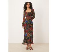 ASOS DESIGN - Vestito lungo a maniche lunghe con stampa a fiori, bustino arricciato e scollo ampio-Multicolore 38