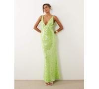 ASOS DESIGN - Vestito lungo a sirena verde con scollo profondo e paillettes iridescenti 44