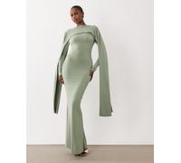 ASOS DESIGN - Vestito lungo aderente a maniche lunghe verde salvia con mantella ampia 48