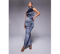 ASOS DESIGN - Vestito lungo allacciato al collo con nodo e attorcigliato sul busto in velluto antracite-Grigio 48