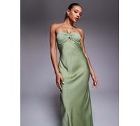 ASOS DESIGN - Vestito lungo allacciato al collo in raso verde salvia con busto a contrasto e spalline sottili 46