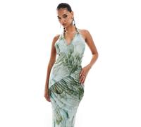 ASOS DESIGN - Vestito lungo allacciato al collo in rete verde con stampa di conchiglie tono su tono e corpino drappeggiato-Multicolore 44