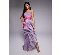 ASOS DESIGN - Vestito lungo asimmetrico a fascia lilla a fiori astratti con orlo con volant-Multicolore 48