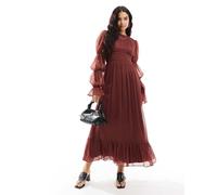 ASOS DESIGN - Vestito lungo bordeaux con maniche a campana a balze e arricciatura in vita-Viola 40