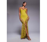 ASOS DESIGN - Vestito lungo color oliva allacciato al collo con spalline sottili e fondo a sirena in pizzo-Verde 40