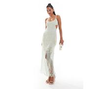 ASOS DESIGN - Vestito lungo color verde salvia con cut-out, frange e decorazione con perline 40