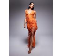 ASOS DESIGN - Vestito lungo con scollo profondo e spalline sottili in pizzo arancione con fiori 3D e frange 38