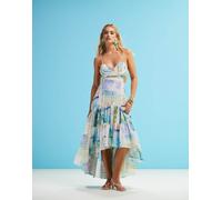 ASOS DESIGN - Vestito lungo con vita scesa, orlo asimmetrico e stampa slavata di cartoline-Multicolore 50