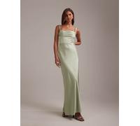 ASOS DESIGN - Vestito lungo da cerimonia in raso verde salvia con bustino drappeggiato e gonna a colonna 46