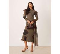 ASOS DESIGN - Vestito lungo grigio con stampa a fiori e drappeggio sulle spalle-Multicolore 42