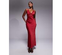 ASOS DESIGN - Vestito lungo in chiffon e raso rosso ciliegia con spalline sottili e corsetto trasparente 36