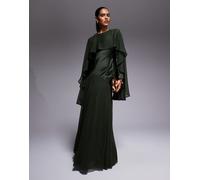 ASOS DESIGN - Vestito lungo in misto raso e chiffon color verde scuro con volant e mantella 44