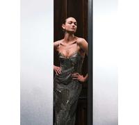 ASOS DESIGN - Vestito lungo in paillettes kaki chiaro con fiori oversize e coppe sul busto-Verde 46