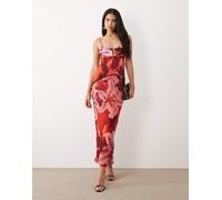 ASOS DESIGN - Vestito lungo in raso rosso a fiori con taglio sbieco e bustino-Multi 42