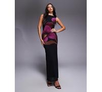 ASOS DESIGN - Vestito lungo in rete nero con stampa a fiori e scollo dritto S