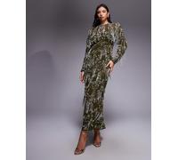 ASOS DESIGN - Vestito lungo kaki a maniche lunghe con decorazioni e frange-Verde 38