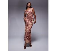 ASOS DESIGN - Vestito lungo monospalla in tessuto a rete drappeggiato con stampa mista floreale e animalier-Multicolore 42