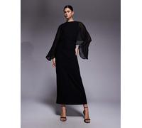 ASOS DESIGN - Vestito lungo nero con mantella in chiffon e maniche asimmetriche XS