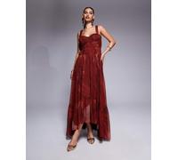ASOS DESIGN - Vestito lungo rosso con stampa astratta, dettagli a pieghe e bustino con coppe-Multicolore 40