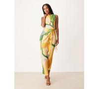 ASOS DESIGN - Vestito lungo senza maniche plissé verde a fiori dipinti allacciato sul lato-Multicolore 46