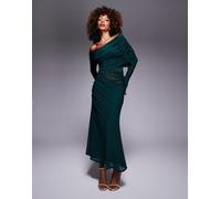 ASOS DESIGN - Vestito lungo verde bottiglia a maniche lunghe extra largo in rete mista con scollo alla Bardot S