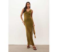 ASOS DESIGN vestito maxi a colonna semitrasparente con dettaglio twist sul busto in oliva-Verde 36