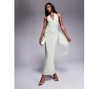 ASOS DESIGN - Vestito midi allacciato al collo in tessuto a rete color verde salvia con dettaglio stile fusciacca drappeggiato sulla gonna-Nessun colore 38