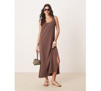 ASOS DESIGN - Vestito midi color cioccolato amaro con scollo rotondo in lino-Marrone 50