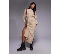 ASOS DESIGN - Vestito midi color pietra morbidissimo con scollo a barchetta e maniche ad ali di pipistrello-Neutro 48