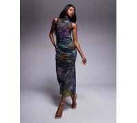 ASOS DESIGN - Vestito midi drappeggiato in tessuto a rete con collo alto, arricciature e stampa astratta-Multicolore 42