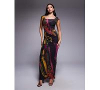 ASOS DESIGN - Vestito midi in rete con stampa floreale sfocata scura con scollo ad anello e spalle imbottite-Multicolore 40