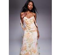 ASOS DESIGN - Vestito midi in tessuto a rete a fiori drappeggiato con scollo alla Bardot a strati e fiori-Multicolore 48