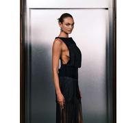 ASOS DESIGN - Vestito midi in velluto blu navy scuro aperto dietro con frange 44