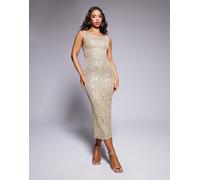 ASOS DESIGN - Vestito midi oro con scollo alla Bardot ampio e paillettes 46