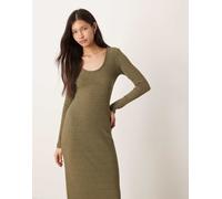 ASOS DESIGN - Vestito midi verde oliva a coste a maniche lunghe con scollo rotondo e cuciture sotto il bustino S