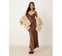 ASOS DESIGN - Vestito sottoveste lungo in raso color cioccolato con finiture in pizzo-Marrone 38